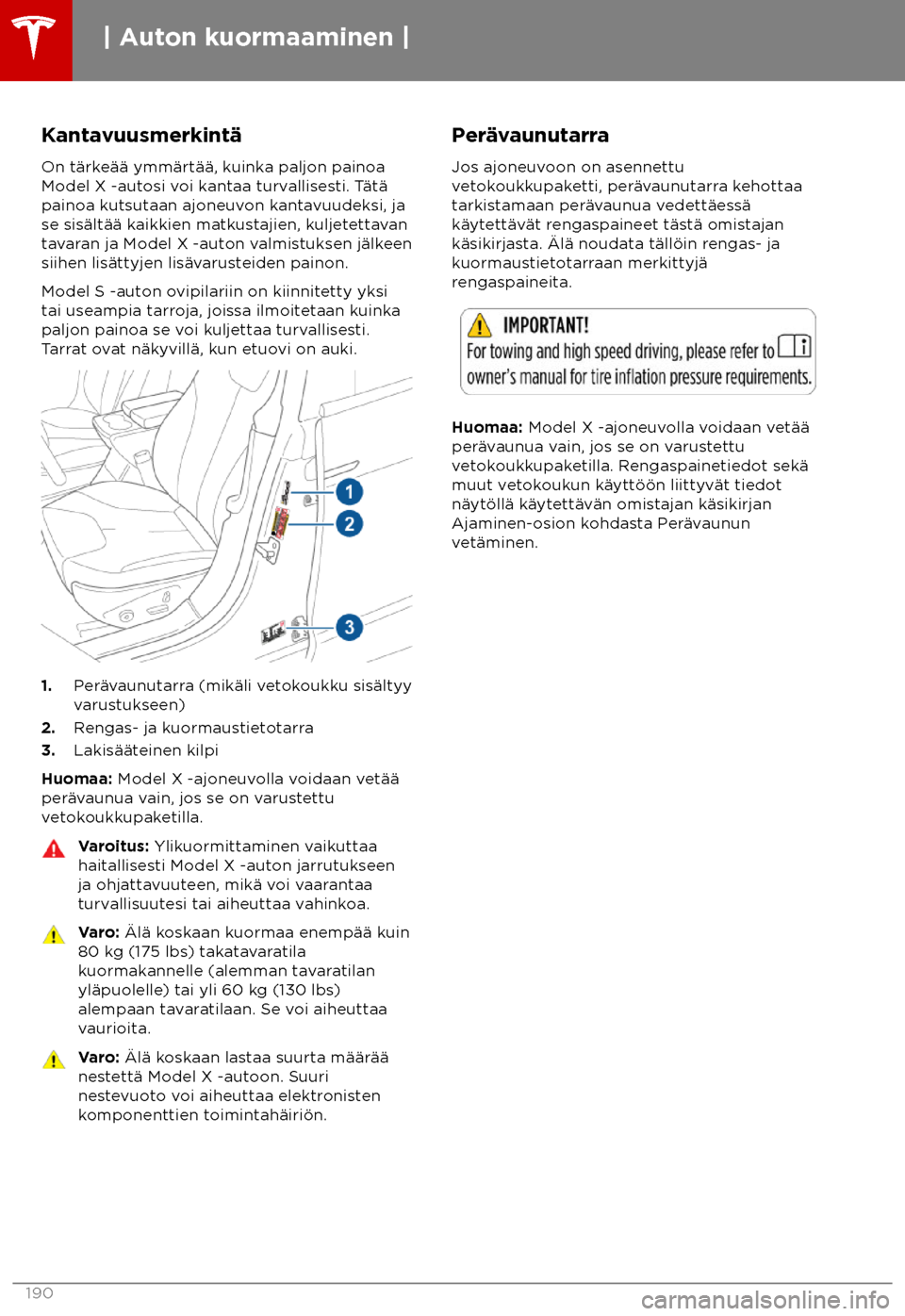 TESLA MODEL X 2018  Omistajan käsikirja (in Finnish)  Kantavuusmerkint