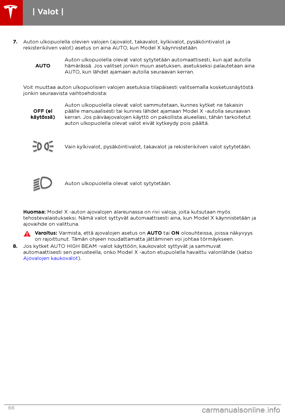 TESLA MODEL X 2018  Omistajan käsikirja (in Finnish)  7.
Auton ulkopuolella olevien valojen (ajovalot, takavalot, kylkivalot, pys