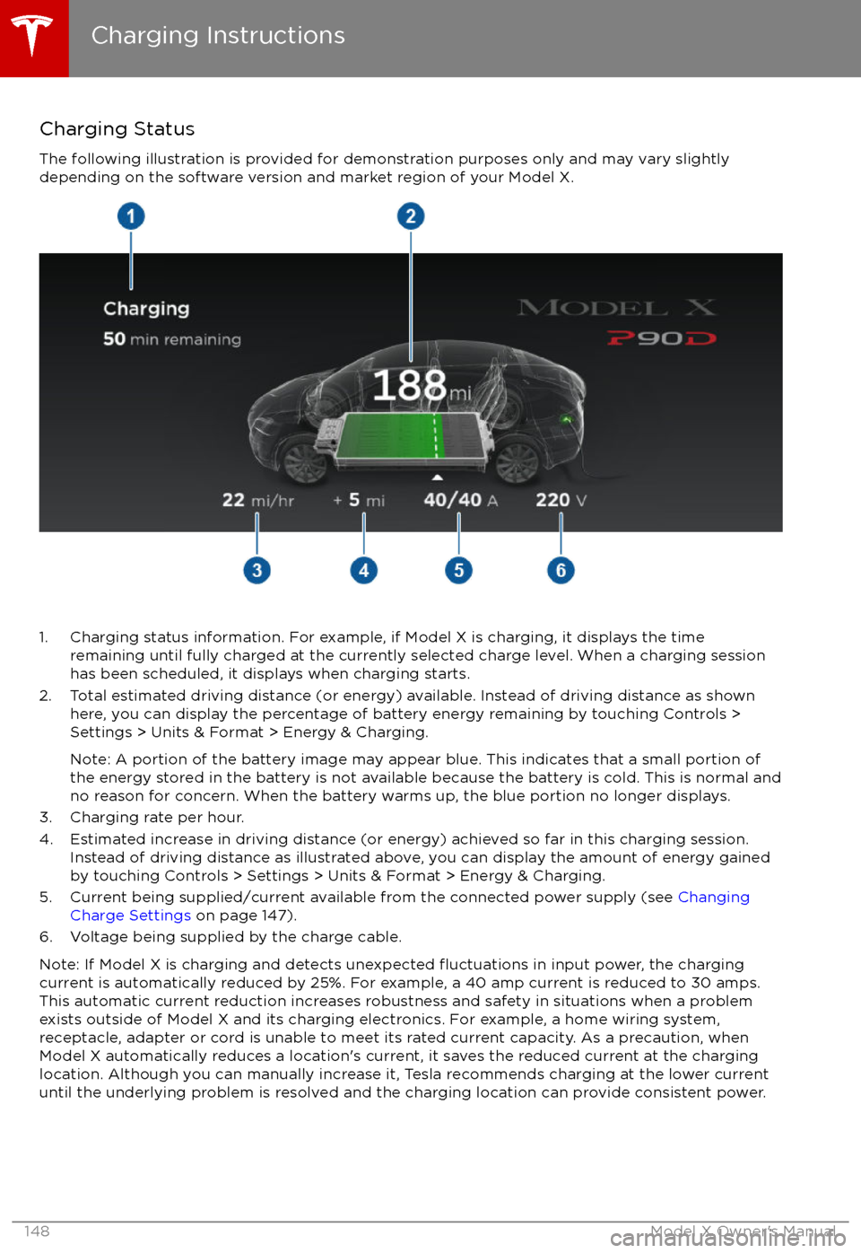 TESLA MODEL X 2017 Owners Manual Charging Status
The following illustration is provided for demonstration purposes only and may vary slightly
depending on the software version and market region of your Model X.
1. Charging status inf TESLA MODEL X 2017 Owners Manual Charging Status
The following illustration is provided for demonstration purposes only and may vary slightly
depending on the software version and market region of your Model X.
1. Charging status inf