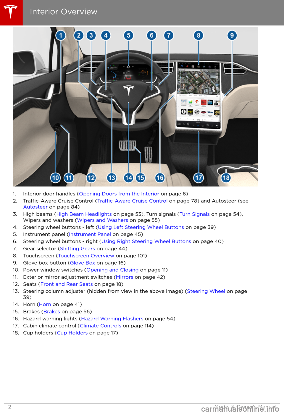 TESLA MODEL X 2017 Owners Manual 1. Interior door handles (Opening Doors from the Interior on page 6)
2.Traffic-Aware Cruise Control (Traffic-Aware Cruise Control on page 78) and Autosteer (see
Autosteer on page 84)
3. High beams TESLA MODEL X 2017 Owners Manual 1. Interior door handles (Opening Doors from the Interior on page 6)
2.Traffic-Aware Cruise Control (Traffic-Aware Cruise Control on page 78) and Autosteer (see
Autosteer on page 84)
3. High beams
