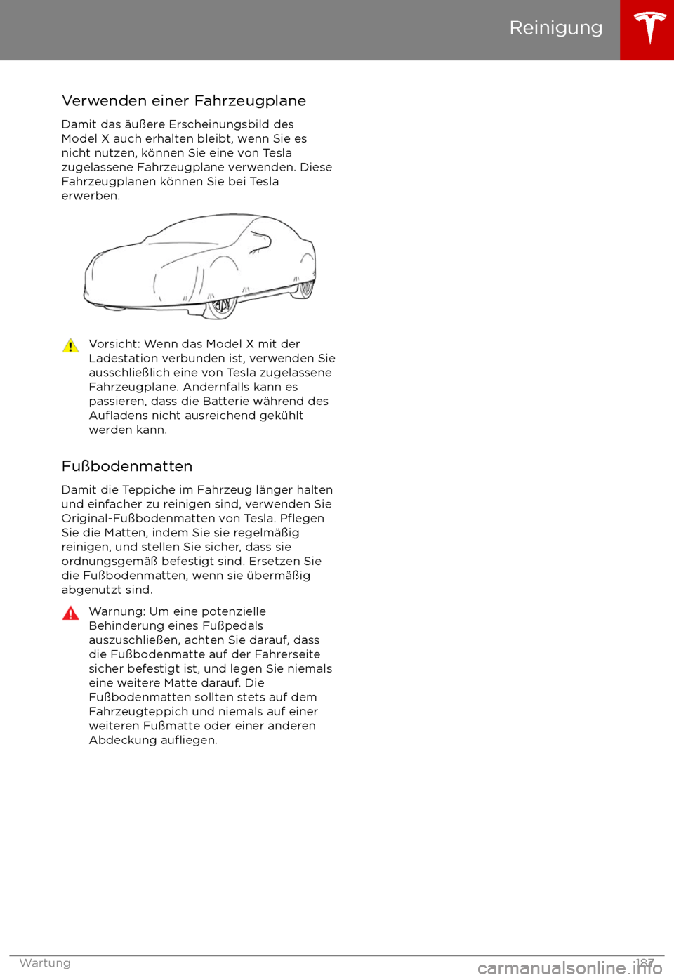 TESLA MODEL X 2017  Betriebsanleitung (in German) Verwenden einer FahrzeugplaneDamit das 
