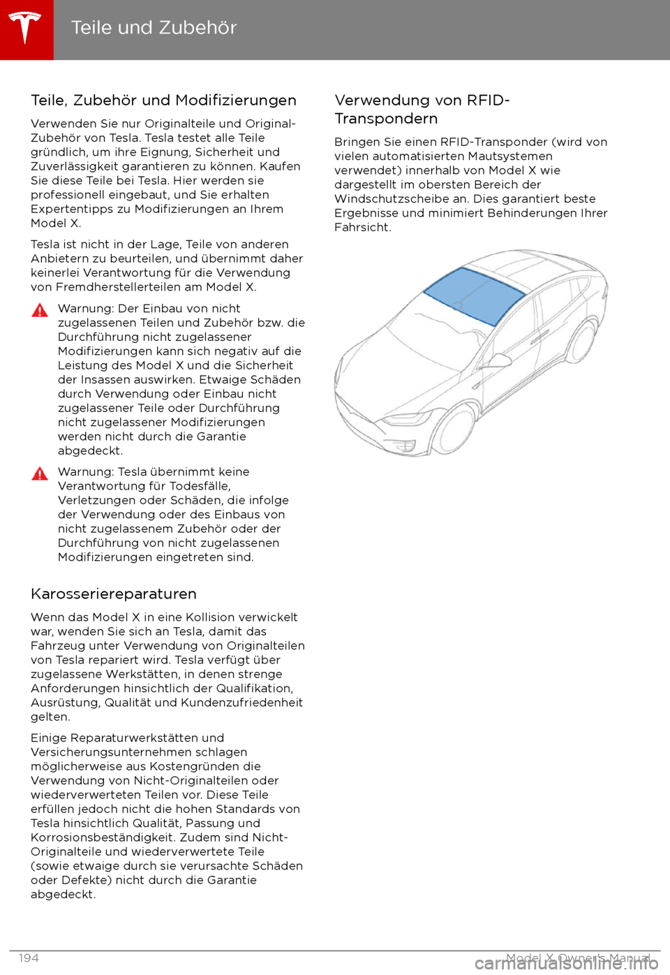 TESLA MODEL X 2017  Betriebsanleitung (in German) Teile, Zubeh