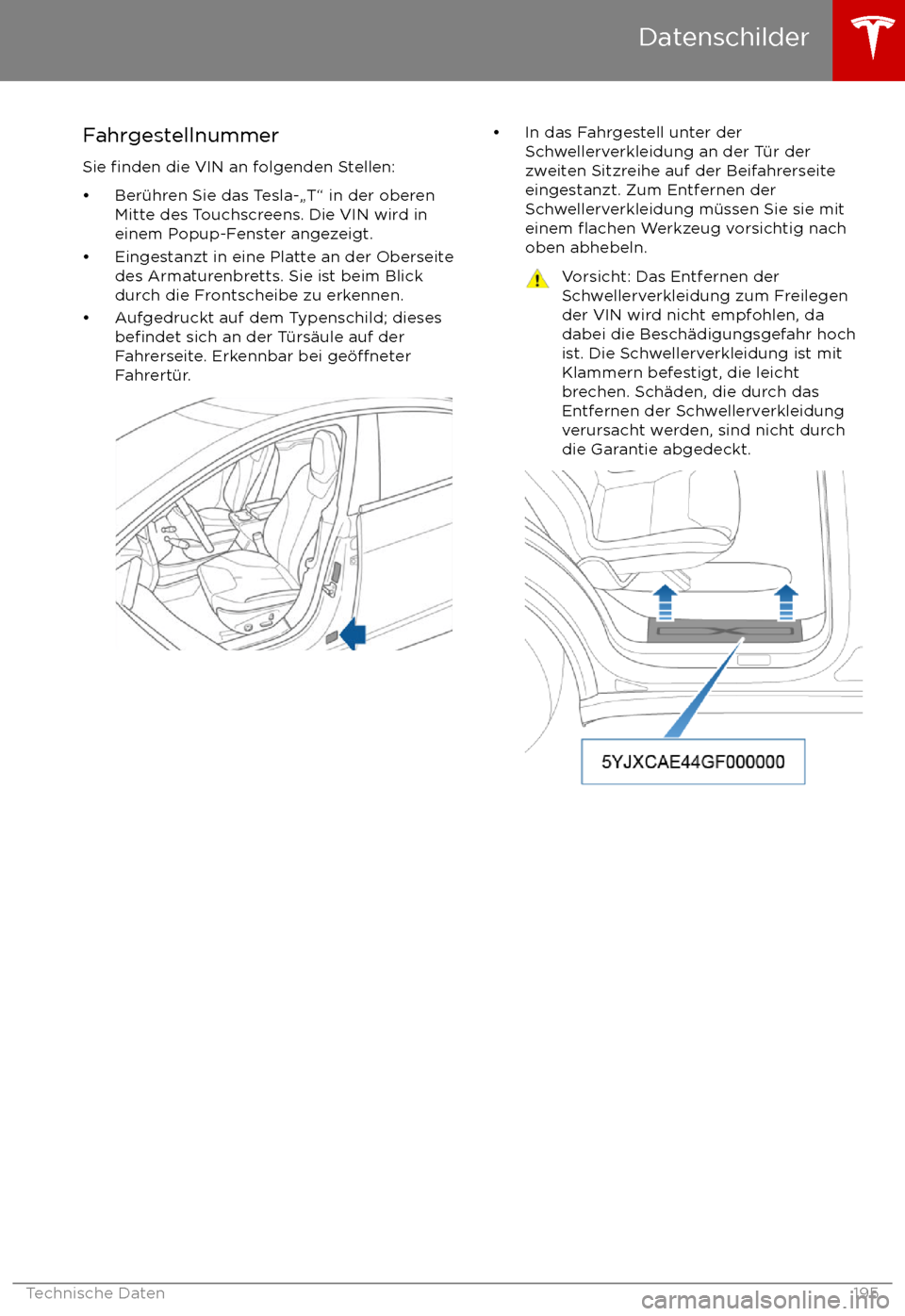 TESLA MODEL X 2017  Betriebsanleitung (in German) Fahrgestellnummer
Sie 
finden die VIN an folgenden Stellen:
