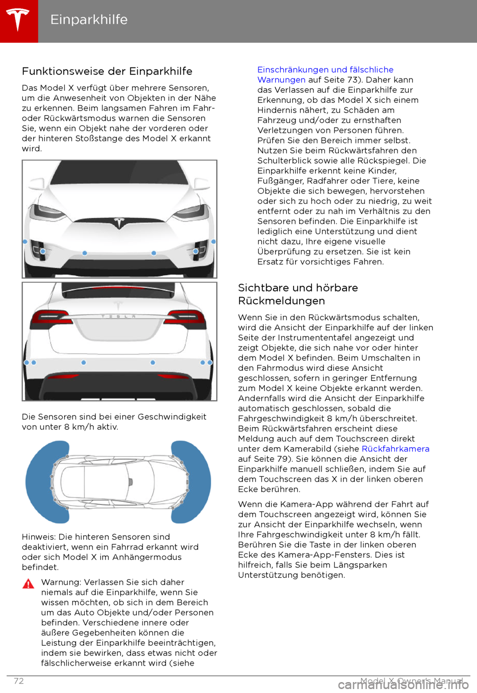TESLA MODEL X 2017  Betriebsanleitung (in German) Funktionsweise der EinparkhilfeDas Model X verf