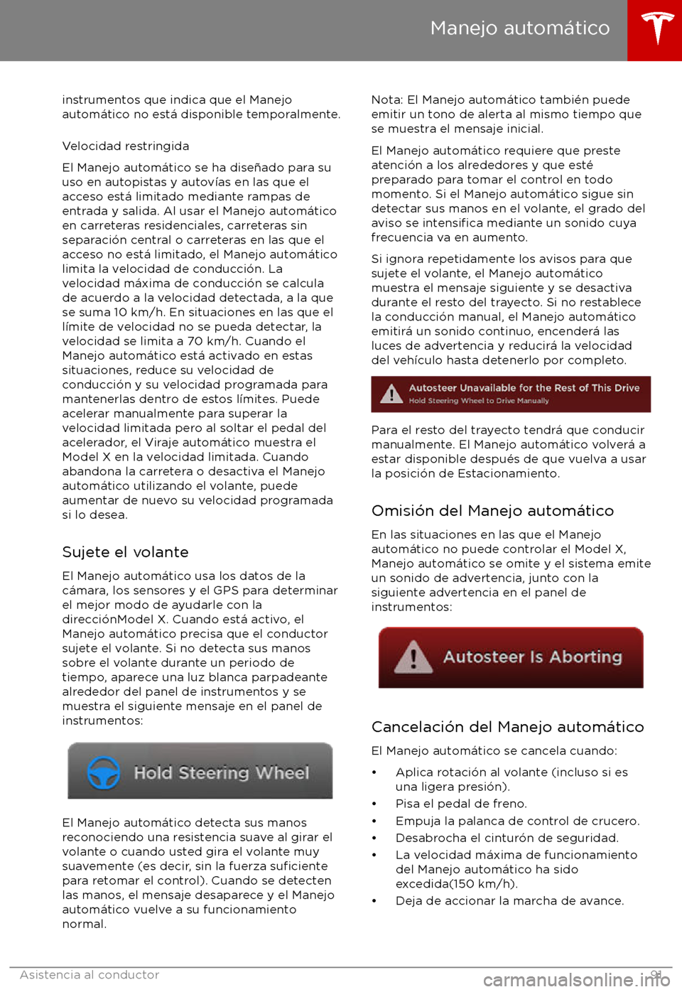 TESLA MODEL X 2017  Manual del propietario (in Spanish) instrumentos que indica que el Manejoautom