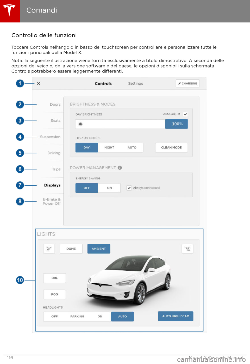 TESLA MODEL X 2017  Manuale del proprietario (in Italian) Controllo delle funzioniToccare Controls nell