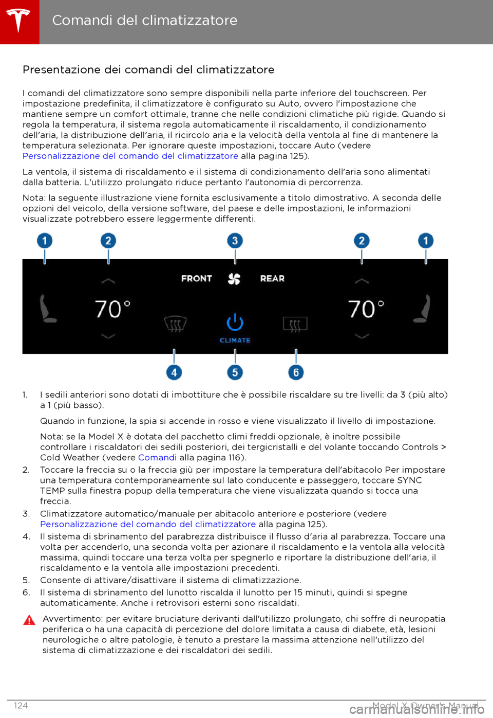 TESLA MODEL X 2017  Manuale del proprietario (in Italian) Presentazione dei comandi del climatizzatoreI comandi del climatizzatore sono sempre disponibili nella parte inferiore del touchscreen. Perimpostazione 
predefinita, il climatizzatore è configurato s
