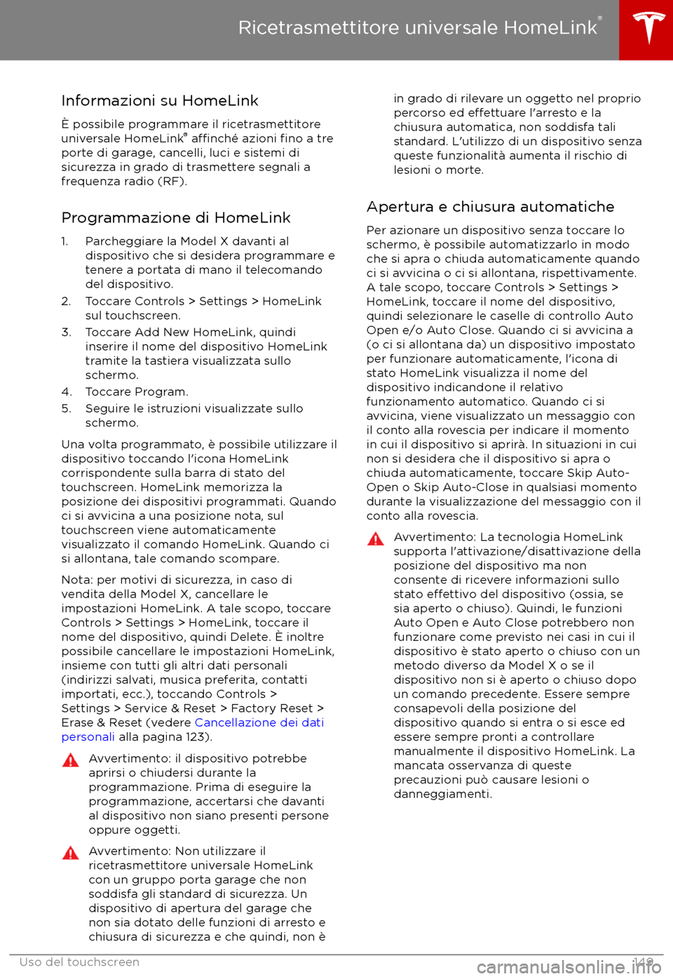 TESLA MODEL X 2017  Manuale del proprietario (in Italian) Informazioni su HomeLink