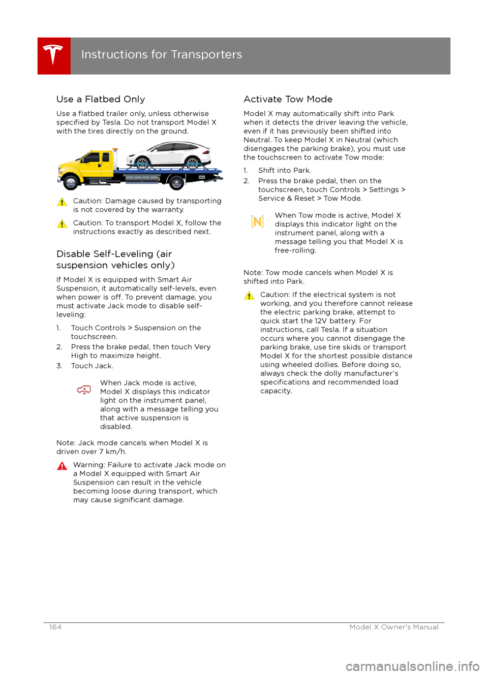 TESLA MODEL X 2016 Owners Manual Use a Flatbed OnlyUse a
flatbed trailer only, unless otherwisespecified by Tesla. Do not transport Model X
with the tires directly on the ground.
Caution: Damage caused by transporting is not covered TESLA MODEL X 2016 Owners Manual Use a Flatbed OnlyUse a
flatbed trailer only, unless otherwisespecified by Tesla. Do not transport Model X
with the tires directly on the ground.
Caution: Damage caused by transporting is not covered