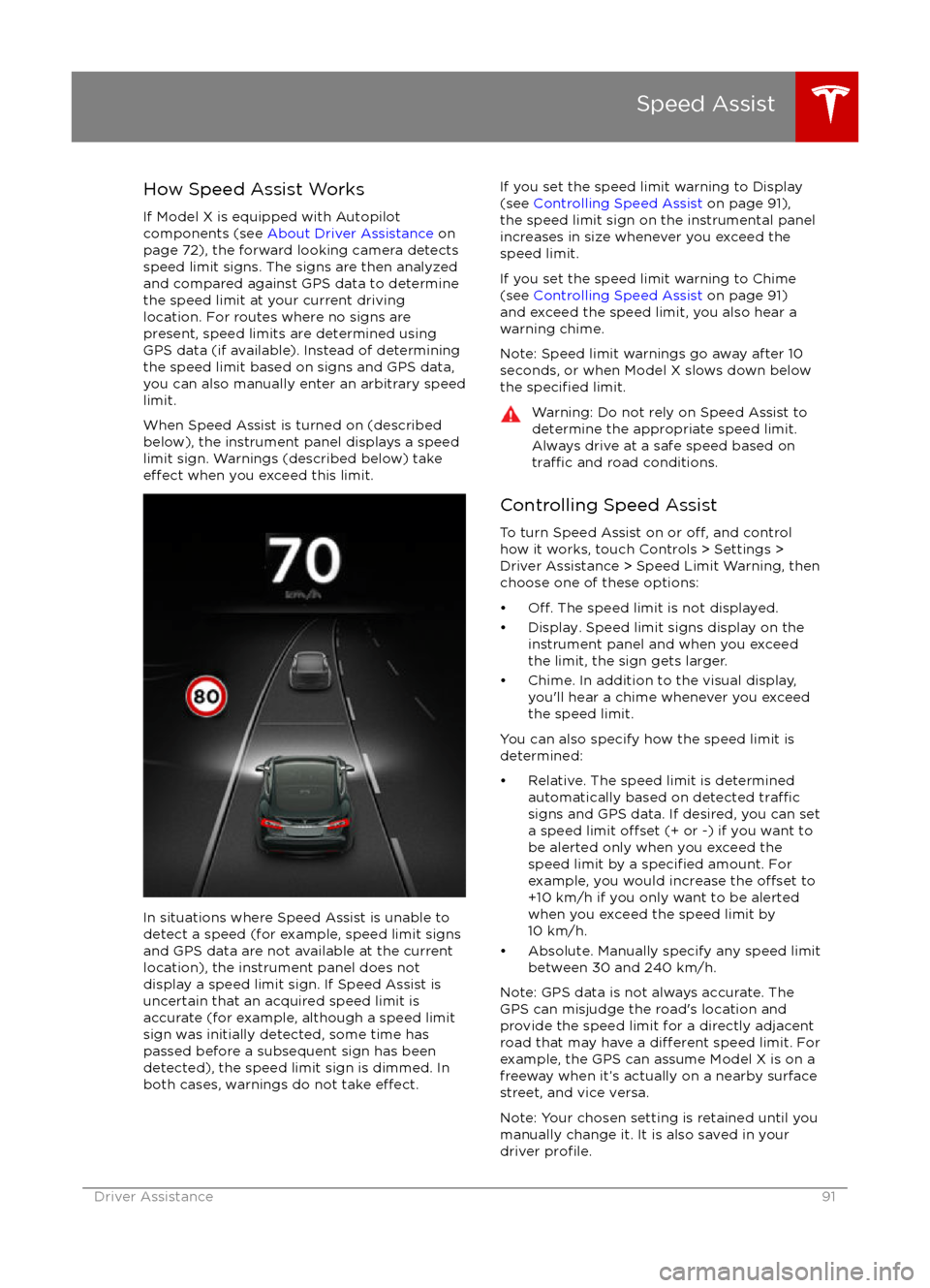TESLA MODEL X 2016   Owners Manual How Speed Assist Works
If Model X is equipped with Autopilot
components (see  About Driver Assistance  on
page 72), the forward looking camera detects
speed limit signs. The signs are then analyzed
an