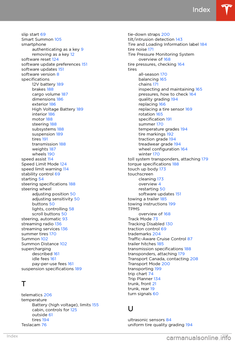 TESLA MODEL 3 2020  Owners Manuals slip start 69
Smart Summon  105smartphoneauthenticating as a key  9
removing as a key  12
software reset 124
software update preferences  151
software updates  151
software version  8
specifications12