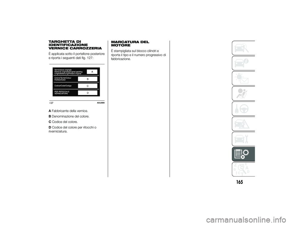 Alfa Romeo 4C 2013  Libretto Uso Manutenzione (in Italian) TARGHETTA DI
IDENTIFICAZIONE
VERNICE CARROZZERIA
È applicata sotto il portellone posteriore
e riporta i seguenti dati fig. 127:
AFabbricante della vernice.
B Denominazione del colore.
C Codice del co
