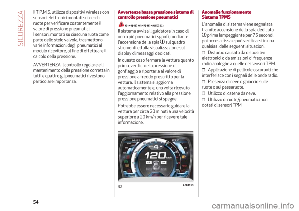 Alfa Romeo 4C 2020 Libretto Uso Manutenzione (in Italian) SICUREZZA
54
Il T.P.M.S. utilizza dispositivi wireless con
sensori elettronici montati sui cerchi
ruote per verificare costantemente il
valore di pressione pneumatici.
I sensori, montati su ciascuna Alfa Romeo 4C 2020 Libretto Uso Manutenzione (in Italian) SICUREZZA
54
Il T.P.M.S. utilizza dispositivi wireless con
sensori elettronici montati sui cerchi
ruote per verificare costantemente il
valore di pressione pneumatici.
I sensori, montati su ciascuna