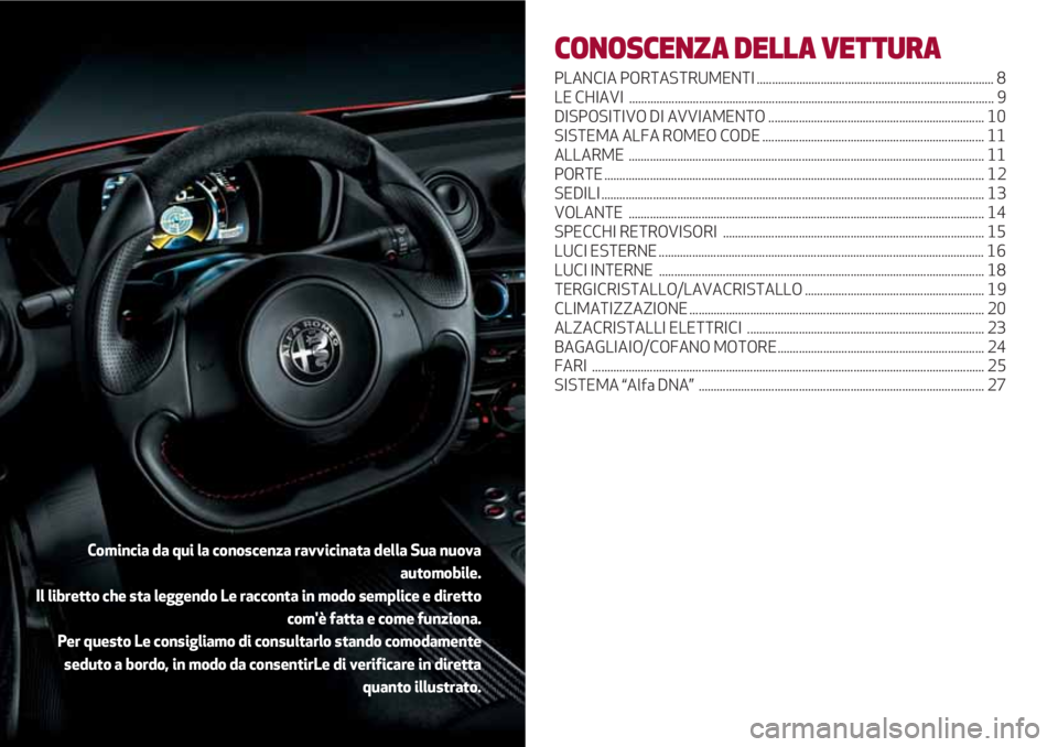 Alfa Romeo 4C 2020 Libretto Uso Manutenzione (in Italian) CONOSCENZA DELLA VETTURA
PLANCIAPORTASTRUMENTI .............................................................................. 8
LE CHIAVI ............................................................ Alfa Romeo 4C 2020 Libretto Uso Manutenzione (in Italian) CONOSCENZA DELLA VETTURA
PLANCIAPORTASTRUMENTI .............................................................................. 8
LE CHIAVI ............................................................