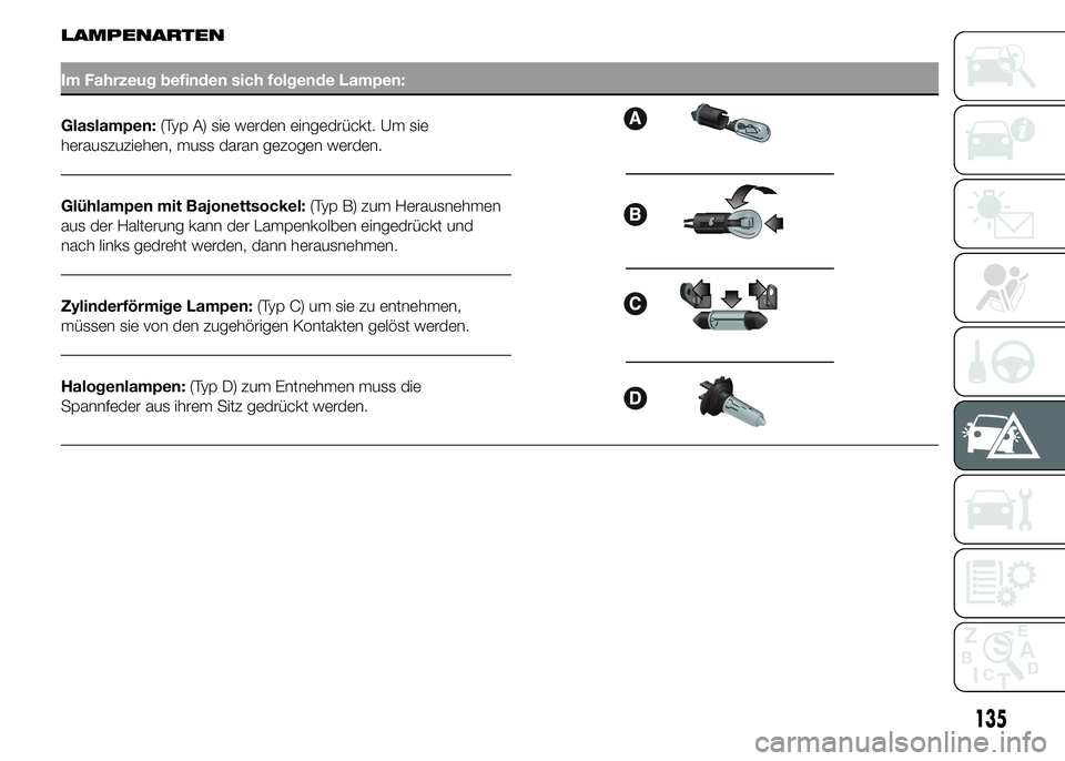 Alfa Romeo 4C 2015  Betriebsanleitung (in German) LAMPENARTEN
Im Fahrzeug befinden sich folgende Lampen:
Glaslampen:(Typ A) sie werden eingedrückt. Um sie
herauszuziehen, muss daran gezogen werden.
Glühlampen mit Bajonettsockel:(Typ B) zum Herausne