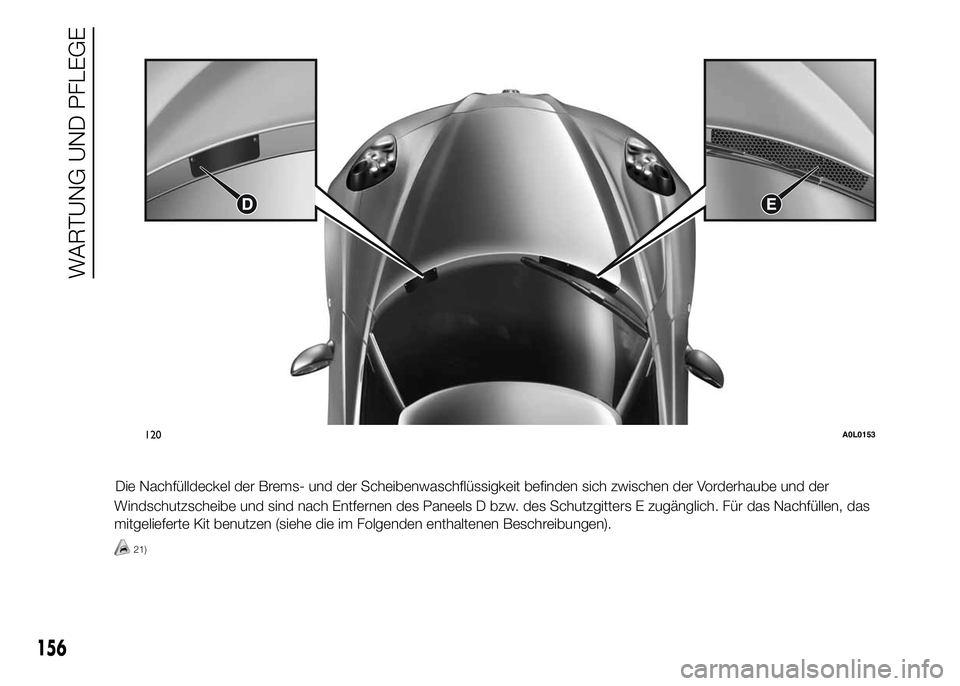 Alfa Romeo 4C 2015  Betriebsanleitung (in German) Die Nachfülldeckel der Brems- und der Scheibenwaschflüssigkeit befinden sich zwischen der Vorderhaube und der
Windschutzscheibe und sind nach Entfernen des Paneels D bzw. des Schutzgitters E zugäng
