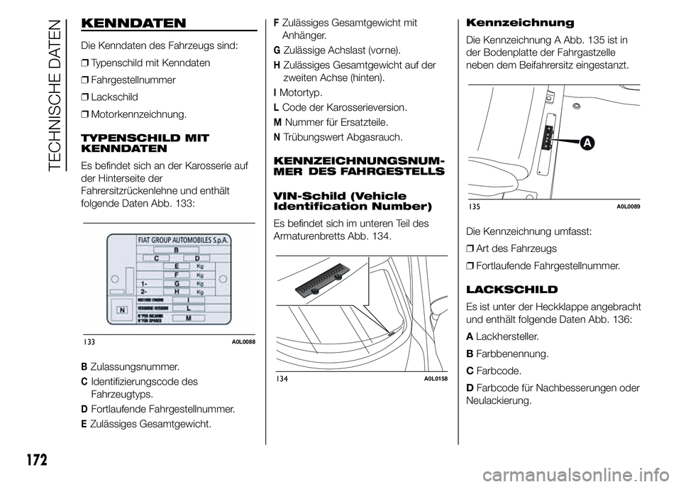 Alfa Romeo 4C 2015 Betriebsanleitung (in German) KENNDATEN
Die Kenndaten des Fahrzeugs sind:
❒Typenschild mit Kenndaten
❒Fahrgestellnummer
❒Lackschild
❒Motorkennzeichnung.
TYPENSCHILD MIT
KENNDATEN
Es befindet sich an der Karosserie auf
der Alfa Romeo 4C 2015 Betriebsanleitung (in German) KENNDATEN
Die Kenndaten des Fahrzeugs sind:
❒Typenschild mit Kenndaten
❒Fahrgestellnummer
❒Lackschild
❒Motorkennzeichnung.
TYPENSCHILD MIT
KENNDATEN
Es befindet sich an der Karosserie auf
der