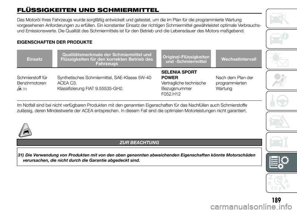 Alfa Romeo 4C 2015  Betriebsanleitung (in German) FLÜSSIGKEITEN UND SCHMIERMITTEL
Das Motoröl Ihres Fahrzeugs wurde sorgfältig entwickelt und getestet, um die im Plan für die programmierte Wartung
vorgesehenen Anforderungen zu erfüllen. Ein kons