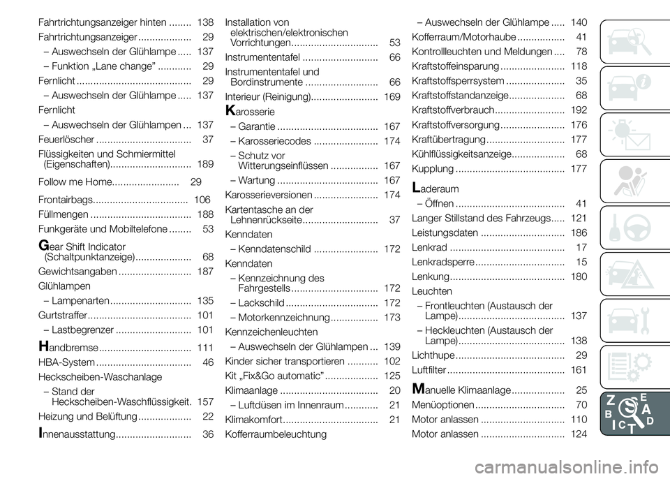 Alfa Romeo 4C 2015  Betriebsanleitung (in German) Fahrtrichtungsanzeiger hinten ........ 138
Fahrtrichtungsanzeiger ................... 29
– Auswechseln der Glühlampe ..... 137
– Funktion „Lane change” ............ 29
Fernlicht .............