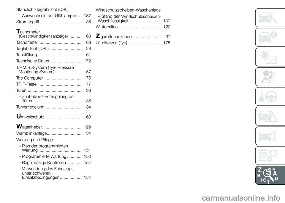 Alfa Romeo 4C 2015  Betriebsanleitung (in German) Standlicht/Tagfahrlicht (DRL)
– Auswechseln der Glühlampen ... 137
Stromabgriff ................................... 36
Tachometer
(Geschwindigkeitsanzeige) ........... 68
Tachometer ...............