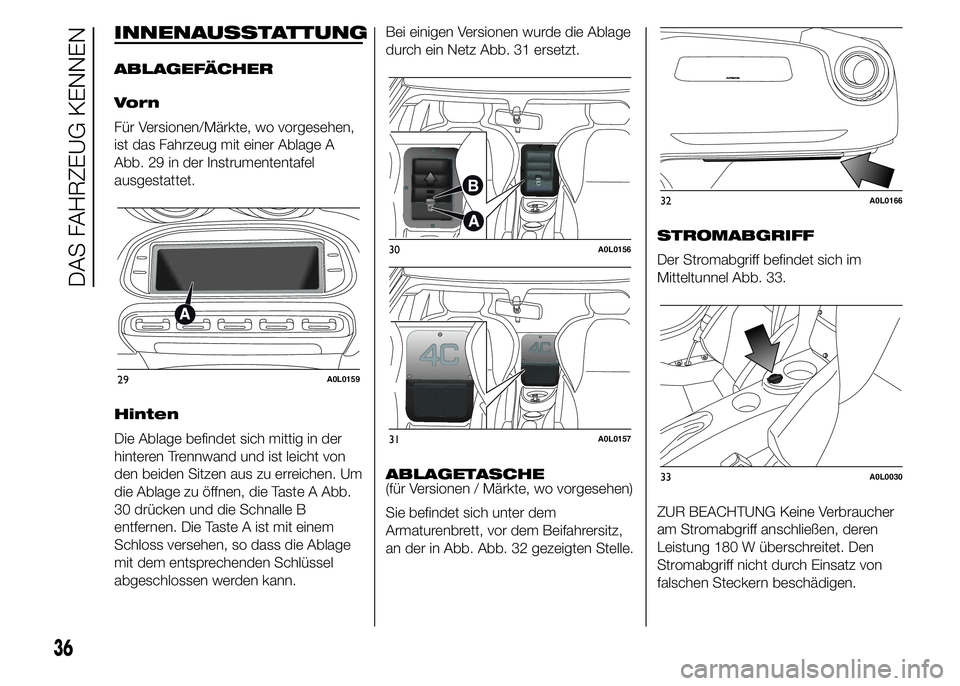 Alfa Romeo 4C 2015  Betriebsanleitung (in German) INNENAUSSTATTUNG
ABLAGEFÄCHER
Vorn
Für Versionen/Märkte, wo vorgesehen,
ist das Fahrzeug mit einer Ablage A
Abb. 29 in der Instrumententafel
ausgestattet.
Hinten
Die Ablage befindet sich mittig in 