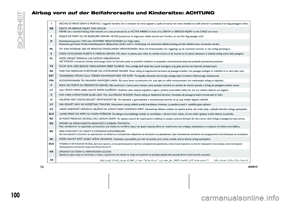 Alfa Romeo 4C 2016  Betriebsanleitung (in German) Airbag vorn auf der Beifahrerseite und Kindersitze: ACHTUNG
74J0A0215
100
SICHERHEIT 