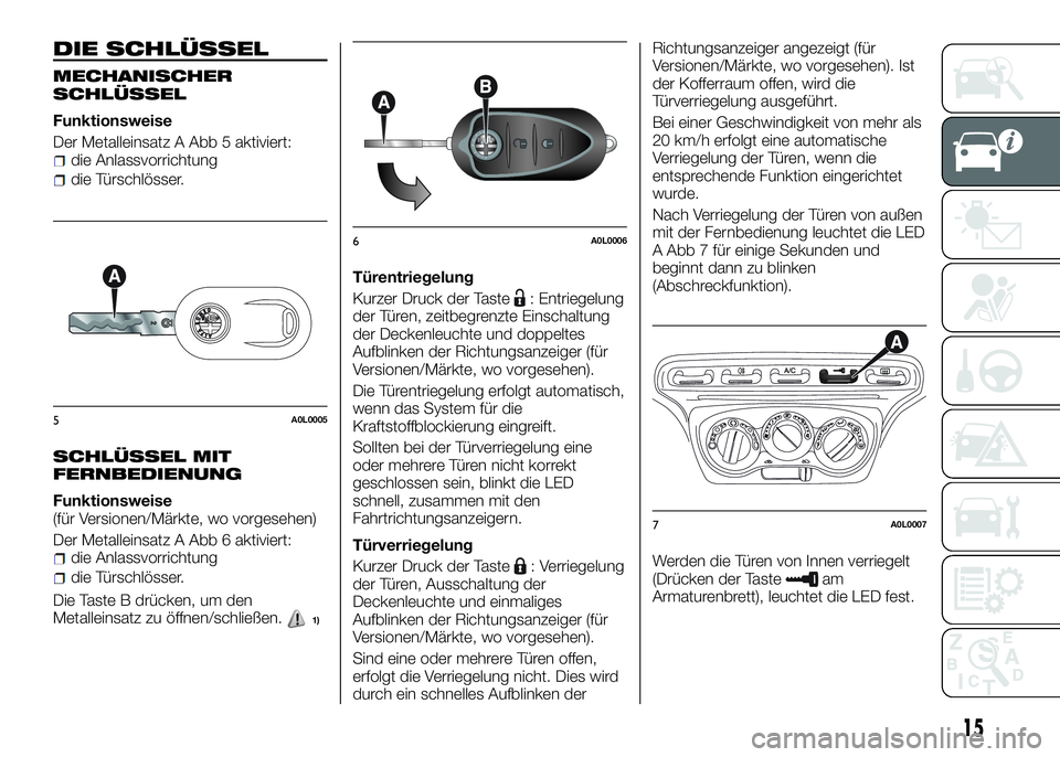 Alfa Romeo 4C 2016 Betriebsanleitung (in German) DIE SCHLÜSSEL
MECHANISCHER
SCHLÜSSEL
Funktionsweise
Der Metalleinsatz A Abb 5 aktiviert:
die Anlassvorrichtung
die Türschlösser.
SCHLÜSSEL MIT
FERNBEDIENUNG
Funktionsweise
(für Versionen/Märkte Alfa Romeo 4C 2016 Betriebsanleitung (in German) DIE SCHLÜSSEL
MECHANISCHER
SCHLÜSSEL
Funktionsweise
Der Metalleinsatz A Abb 5 aktiviert:
die Anlassvorrichtung
die Türschlösser.
SCHLÜSSEL MIT
FERNBEDIENUNG
Funktionsweise
(für Versionen/Märkte