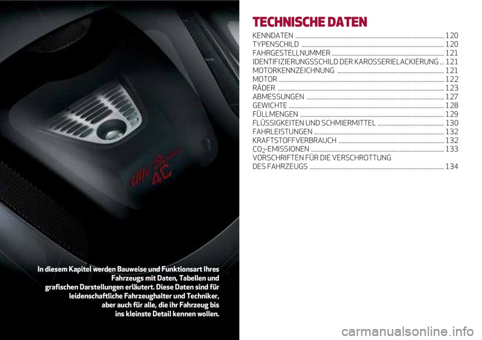 Alfa Romeo 4C 2020 Betriebsanleitung (in German) TECHNISCHE DATEN
KENNDATEN ........................................................................................................... 120
TYPENSCHILD ................................................. Alfa Romeo 4C 2020 Betriebsanleitung (in German) TECHNISCHE DATEN
KENNDATEN ........................................................................................................... 120
TYPENSCHILD .................................................