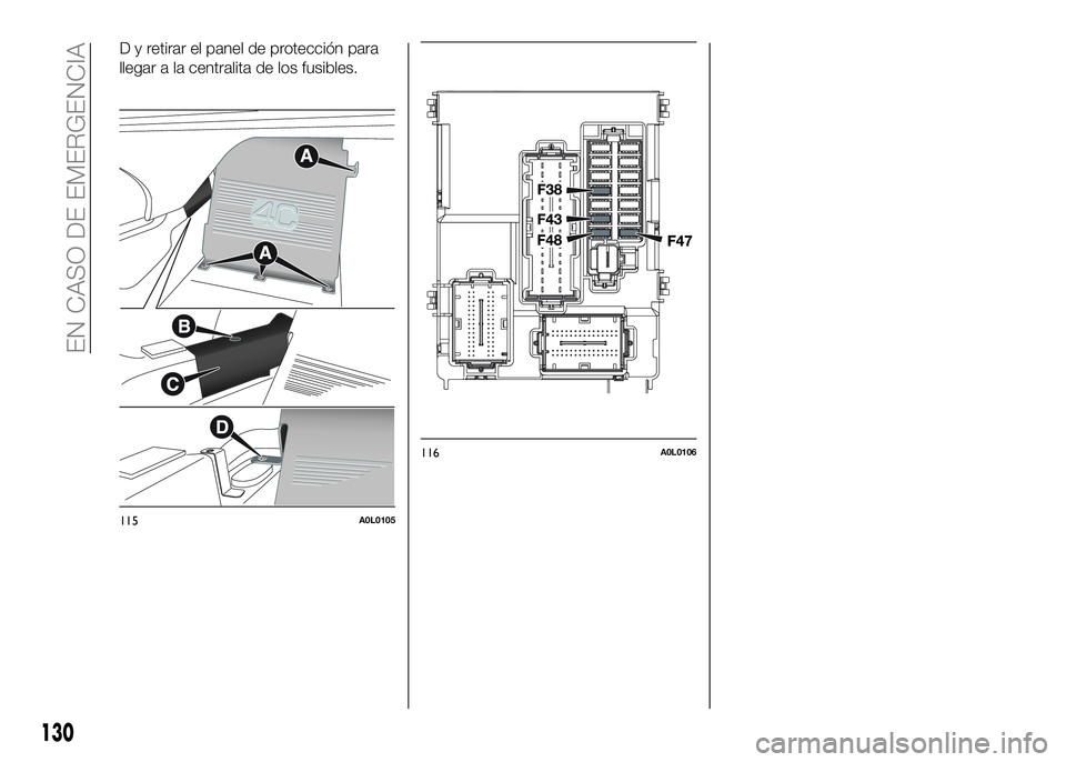 Alfa Romeo 4C 2016  Manual de Empleo y Cuidado (in Spanish) D y retirar el panel de protección para
llegar a la centralita de los fusibles.
115A0L0105
116A0L0106
130
EN CASO DE EMERGENCIA 
