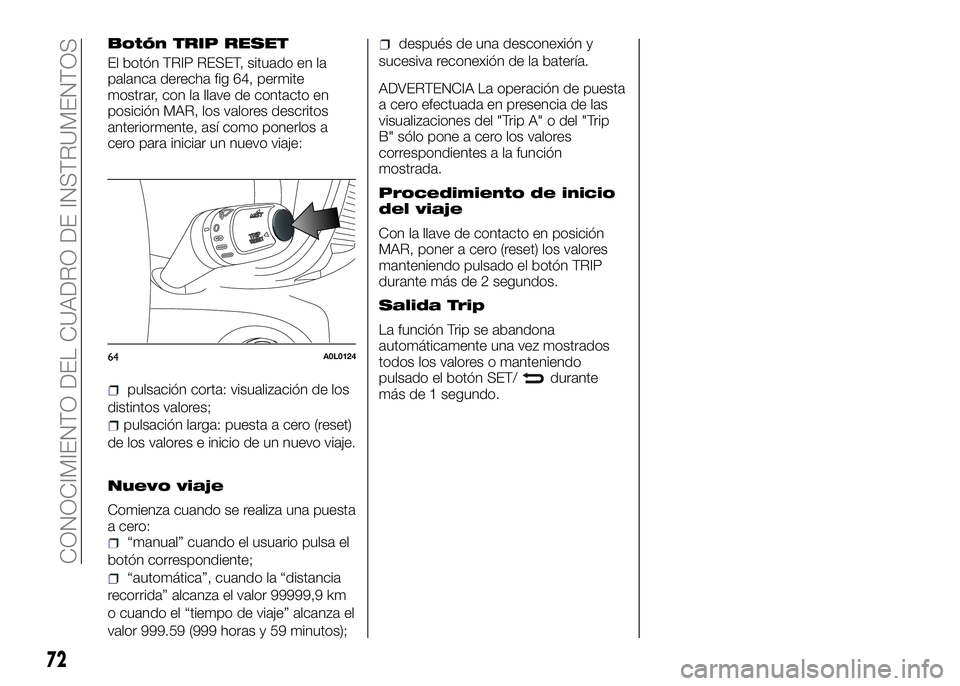 Alfa Romeo 4C 2016 Manual de Empleo y Cuidado (in Spanish) Botón TRIP RESET
El botón TRIP RESET, situado en la
palanca derecha fig 64, permite
mostrar, con la llave de contacto en
posición MAR, los valores descritos
anteriormente, así como ponerlos a
cero Alfa Romeo 4C 2016 Manual de Empleo y Cuidado (in Spanish) Botón TRIP RESET
El botón TRIP RESET, situado en la
palanca derecha fig 64, permite
mostrar, con la llave de contacto en
posición MAR, los valores descritos
anteriormente, así como ponerlos a
cero