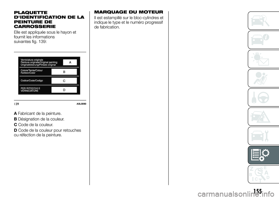 Alfa Romeo 4C 2016  Notice dentretien (in French) PLAQUETTE
D'IDENTIFICATION DE LA
PEINTURE DE
CARROSSERIE
Elle est appliquée sous le hayon et
fournit les informations
suivantes fig. 139:
AFabricant de la peinture.
BDésignation de la couleur.
C