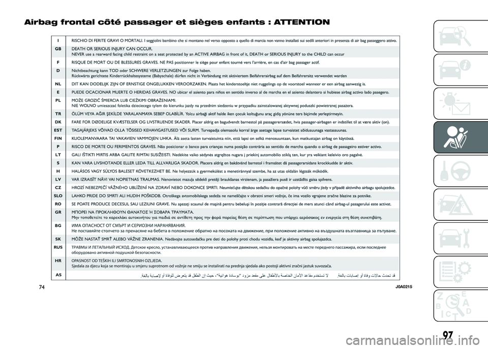 Alfa Romeo 4C 2016  Notice dentretien (in French) Airbag frontal côté passager et sièges enfants : ATTENTION
74J0A0215
97 