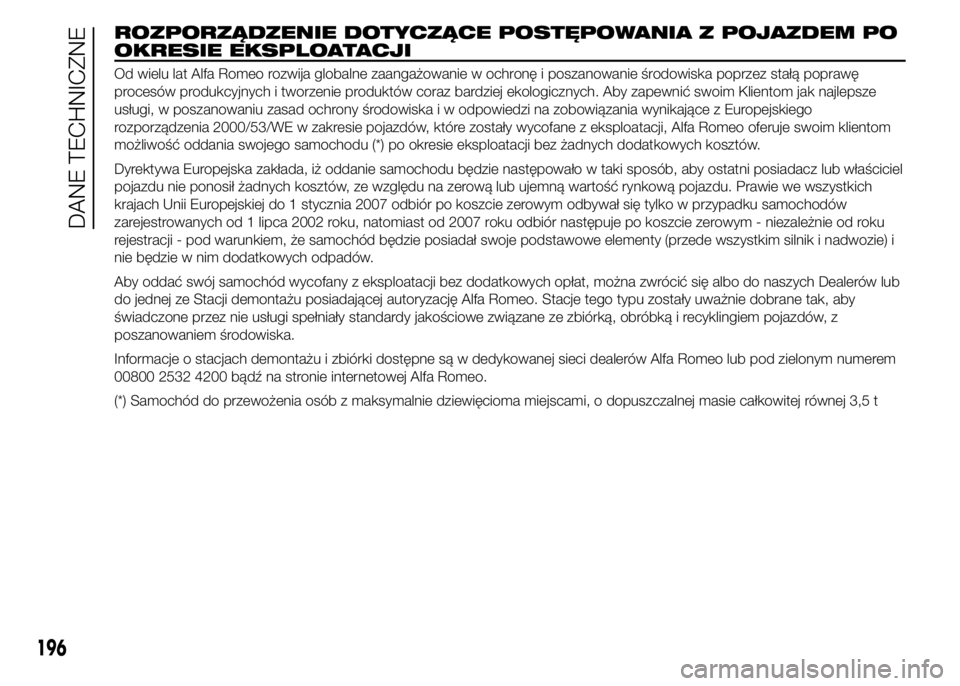 Alfa Romeo 4C 2015 Instrukcja obsługi (in Polish) ROZPORZĄDZENIE DOTYCZĄCE POSTĘPOWANIA Z POJAZDEM PO
OKRESIE EKSPLOATACJI
Od wielu lat Alfa Romeo rozwija globalne zaangażowanie w ochronę i poszanowanie środowiska poprzez stałą poprawę
proce Alfa Romeo 4C 2015 Instrukcja obsługi (in Polish) ROZPORZĄDZENIE DOTYCZĄCE POSTĘPOWANIA Z POJAZDEM PO
OKRESIE EKSPLOATACJI
Od wielu lat Alfa Romeo rozwija globalne zaangażowanie w ochronę i poszanowanie środowiska poprzez stałą poprawę
proce
