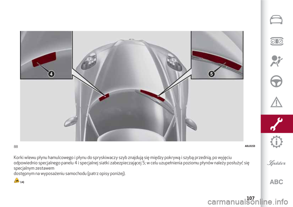 Alfa Romeo 4C 2020  Instrukcja obsługi (in Polish) 107
Korki wlewu płynu hamulcowego i płynu do spryskiwaczy szyb znajdują się między pokrywą i szybą przednią, po wyjęciu
odpowiednio specjalnego panelu 4 i specjalnej siatki zabezpieczającej 