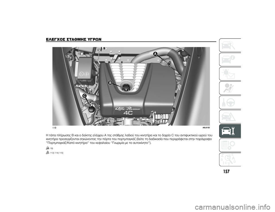 Alfa Romeo 4C 2013  ΒΙΒΛΙΟ ΧΡΗΣΗΣ ΚΑΙ ΣΥΝΤΗΡΗΣΗΣ (in Greek) ΌbΛΌbΓΧΟΣ ΣΤΑΘΜΌfΣ ΥΓΡΩΝ.Η τάπα πλήTPωσης B και Tf δείκτης ελέγχTfυ Α της στάθμης λαδιTfύ τTfυ κινητήTPα και τTf δTfχείT