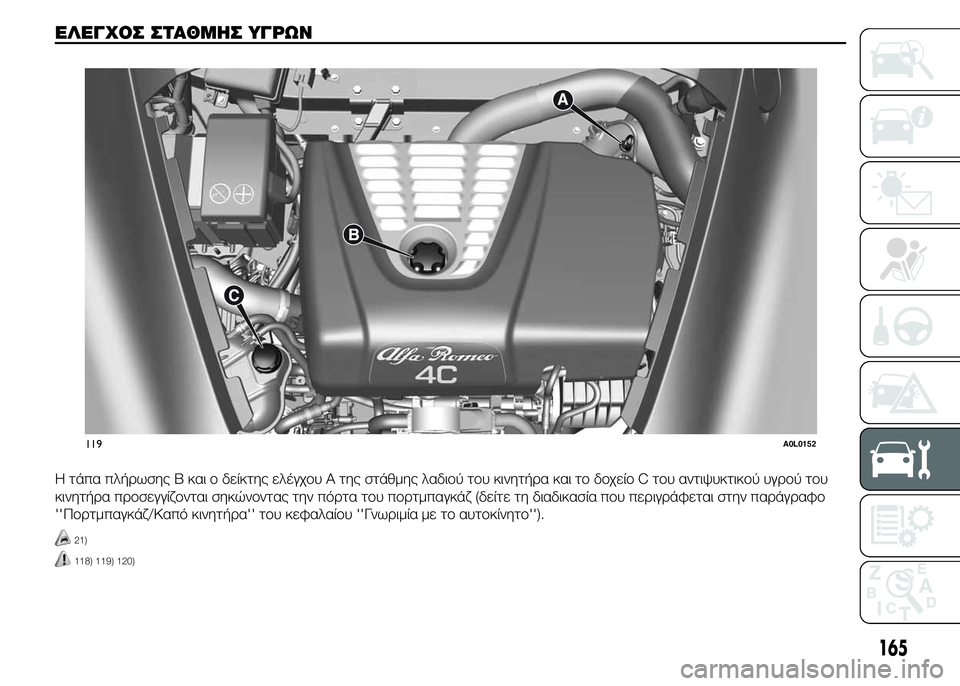 Alfa Romeo 4C 2015  ΒΙΒΛΙΟ ΧΡΗΣΗΣ ΚΑΙ ΣΥΝΤΗΡΗΣΗΣ (in Greek) ΕΛΕΓΧΟΣ ΣΤΑΘΜΗΣ ΥΓΡΩΝ.
Η τάπα πλήρωσης B και ο δείκτης ελέγχου Α της στάθμης λαδιού του κινητήρα και το δοχείο 