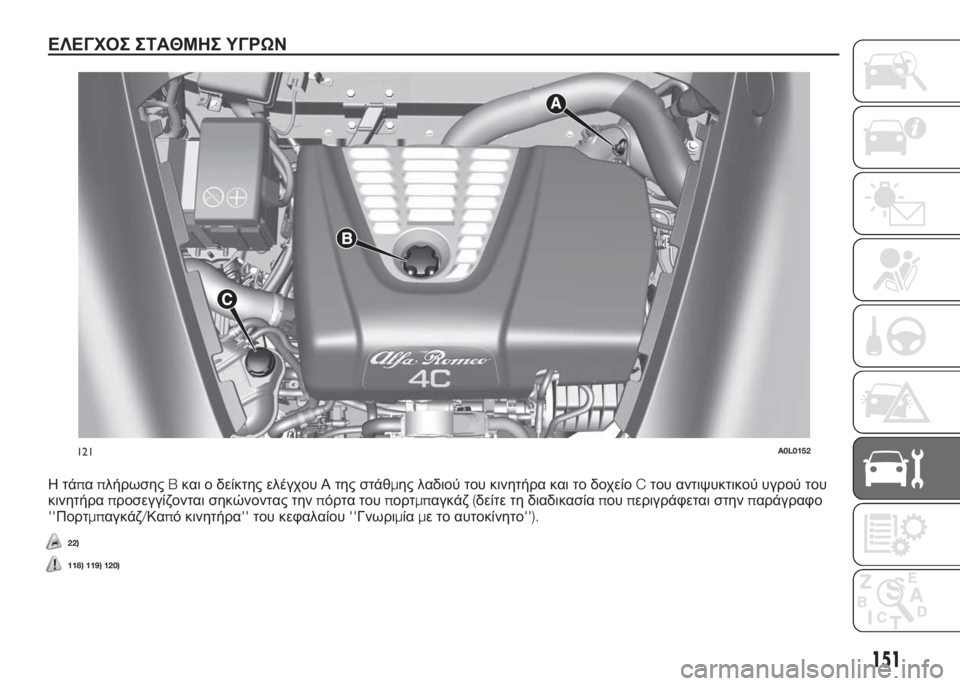 Alfa Romeo 4C 2016  ΒΙΒΛΙΟ ΧΡΗΣΗΣ ΚΑΙ ΣΥΝΤΗΡΗΣΗΣ (in Greek) ΕΛΕΓΧΟΣ ΣΤΑΘΜΗΣ ΥΓΡΩΝ
ΗτάπαπλήρωσηςBκαι ο δείκτης ελέγχου Α της στάθμης λαδιού του κινητήρα και το δοχείοCτο