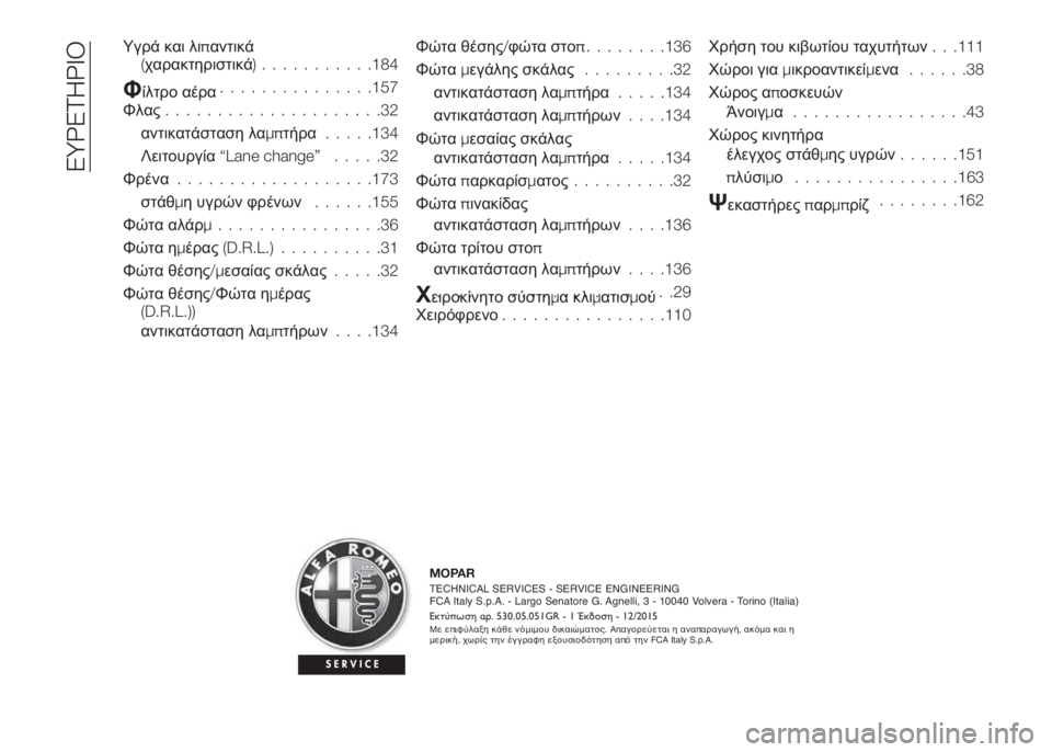 Alfa Romeo 4C 2016 ΒΙΒΛΙΟ ΧΡΗΣΗΣ ΚΑΙ ΣΥΝΤΗΡΗΣΗΣ (in Greek) Υγρά και λιπαντικά
(χαρακτηριστικά)...........184
Φίλτρο αέρα...............157
Φλας.....................32
αντικατάσταση λαμπτήρα..... Alfa Romeo 4C 2016 ΒΙΒΛΙΟ ΧΡΗΣΗΣ ΚΑΙ ΣΥΝΤΗΡΗΣΗΣ (in Greek) Υγρά και λιπαντικά
(χαρακτηριστικά)...........184
Φίλτρο αέρα...............157
Φλας.....................32
αντικατάσταση λαμπτήρα.....