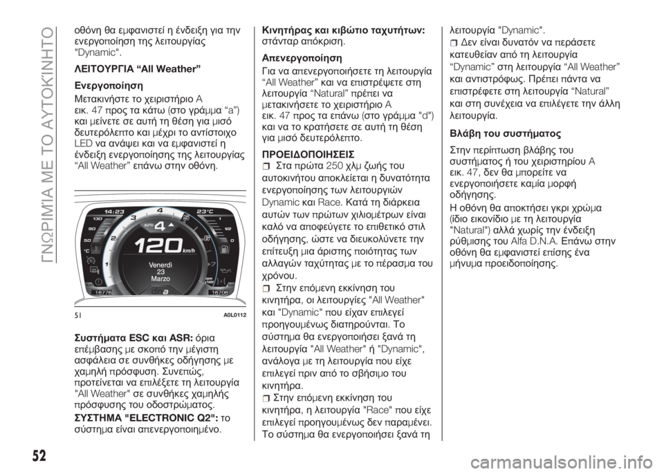 Alfa Romeo 4C 2016 ΒΙΒΛΙΟ ΧΡΗΣΗΣ ΚΑΙ ΣΥΝΤΗΡΗΣΗΣ (in Greek) οθόνη θα εμφανιστεί η ένδειξη για την
ενεργοποίηση της λειτουργίας
"Dynamic".
ΛΕΙΤΟΥΡΓΙΑ“All Weather”
Ενεργοποί Alfa Romeo 4C 2016 ΒΙΒΛΙΟ ΧΡΗΣΗΣ ΚΑΙ ΣΥΝΤΗΡΗΣΗΣ (in Greek) οθόνη θα εμφανιστεί η ένδειξη για την
ενεργοποίηση της λειτουργίας
"Dynamic".
ΛΕΙΤΟΥΡΓΙΑ“All Weather”
Ενεργοποί