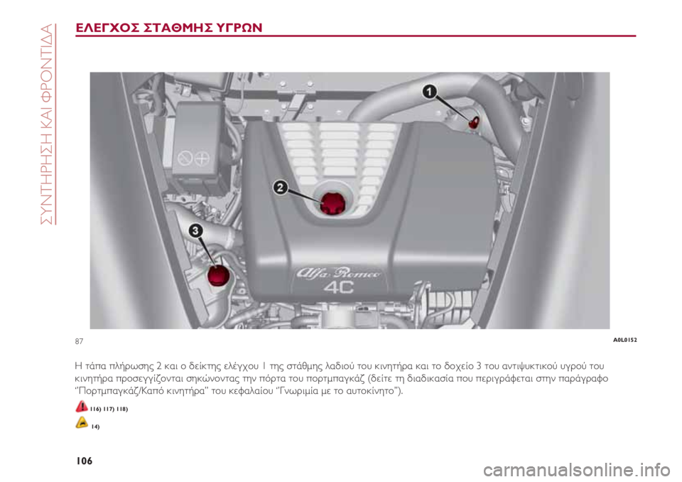 Alfa Romeo 4C 2020  ΒΙΒΛΙΟ ΧΡΗΣΗΣ ΚΑΙ ΣΥΝΤΗΡΗΣΗΣ (in Greek) ΣΥΝΤΗΡΗΣΗ ΚΑΙ ΦΡΟΝΤΙΔΑ
106
ΕΛΕΓΧΟΣ ΣΤΑΘΜΗΣ ΥΓΡΩΝ
Η τάπα πλήρωσης 2 και ο δείκτης ελέγχου 1 της στάθμης λαδιού το