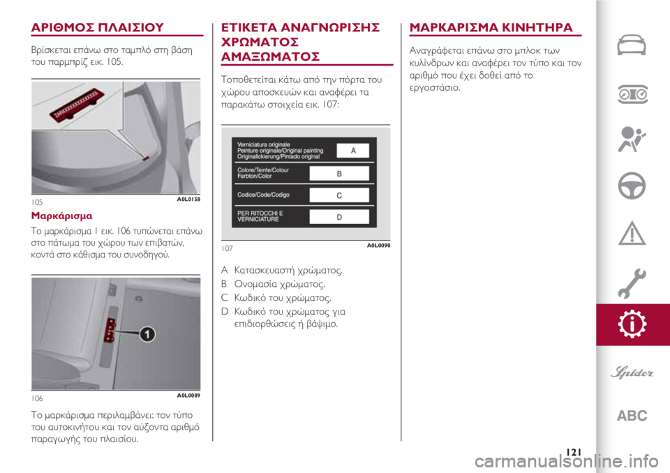 Alfa Romeo 4C 2020  ΒΙΒΛΙΟ ΧΡΗΣΗΣ ΚΑΙ ΣΥΝΤΗΡΗΣΗΣ (in Greek) 121
ΑΡΙΘΜΟΣ ΠΛΑΙΣΙΟΥ
Βρίσκεται επάνω στο ταμπλό στη βάση
του παρμπρίζ εικ. 105.
Μαρκάρισμα
Το μαρκάρισμα 1 εικ. 106 