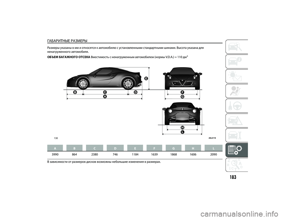 Alfa Romeo 4C 2020  Руководство по эксплуатации и техобслуживанию (in Russian) ГАБАРИТНЫЕ РАЗМЕРЫРаЖfмеЖTы укаЖfаны в мм и относятся к автомобилю с установленными стандаЖTтными шинами. Выс