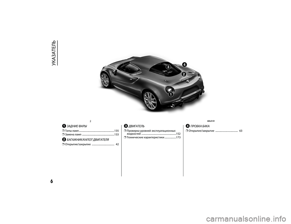 Alfa Romeo 4C 2020  Руководство по эксплуатации и техобслуживанию (in Russian) .
ЗАДНИЕ ФАРЫ
❒Типы ламп ..........................................................135
❒ Замена ламп .....................................................133
БАГАЖ