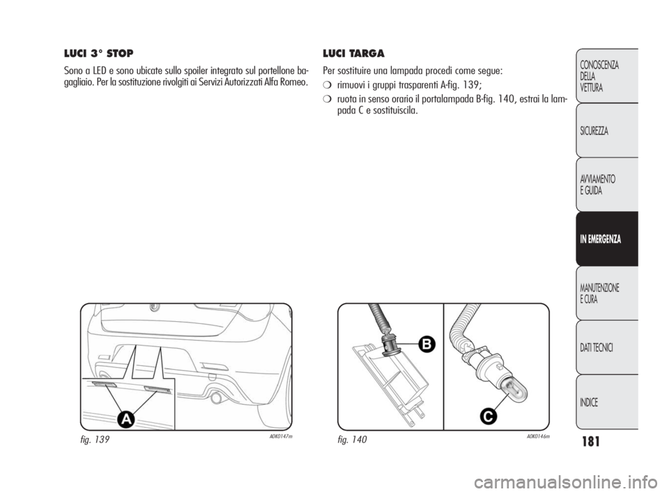 Alfa Romeo Giulietta 2010  Libretto Uso Manutenzione (in Italian) 181
CONOSCENZA
DELLA 
VETTURA
SICUREZZA
AVVIAMENTO
E GUIDA
IN EMERGENZA
MANUTENZIONE
E CURA
DATI TECNICI
INDICE
LUCI 3° STOP
Sono a LED e sono ubicate sullo spoiler integrato sul portellone ba-
gagli