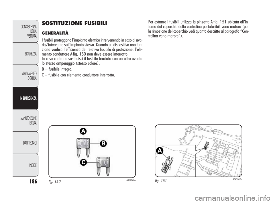 Alfa Romeo Giulietta 2010  Libretto Uso Manutenzione (in Italian) 186
CONOSCENZA
DELLA 
VETTURA
SICUREZZA
AVVIAMENTO
E GUIDA
IN EMERGENZA
MANUTENZIONE
E CURA
DATI TECNICI
INDICE
SOSTITUZIONE FUSIBILI
GENERALITÀ 
I fusibili proteggono l’impianto elettrico interven