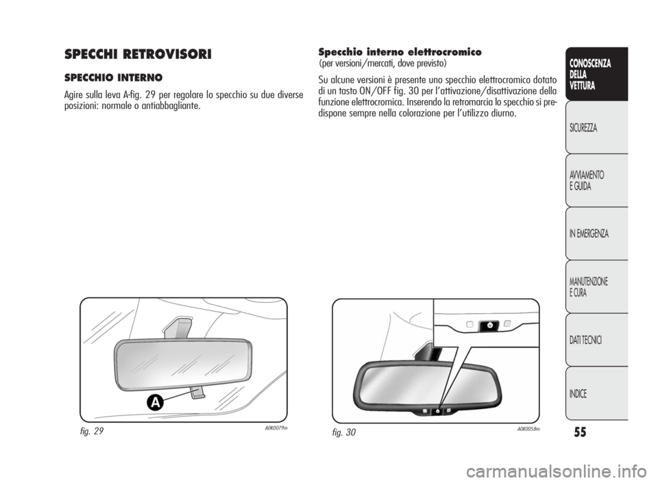 Alfa Romeo Giulietta 2010  Libretto Uso Manutenzione (in Italian) 55
CONOSCENZA
DELLA
VETTURA
SICUREZZA
AVVIAMENTO
EGUIDA
IN EMERGENZA
MANUTENZIONE
ECURA
DATI TECNICI
INDICE
fig. 29A0K0079m
SPECCHI RETROVISORI
SPECCHIO INTERNO
Agire sulla leva A-fig. 29 per regolare
