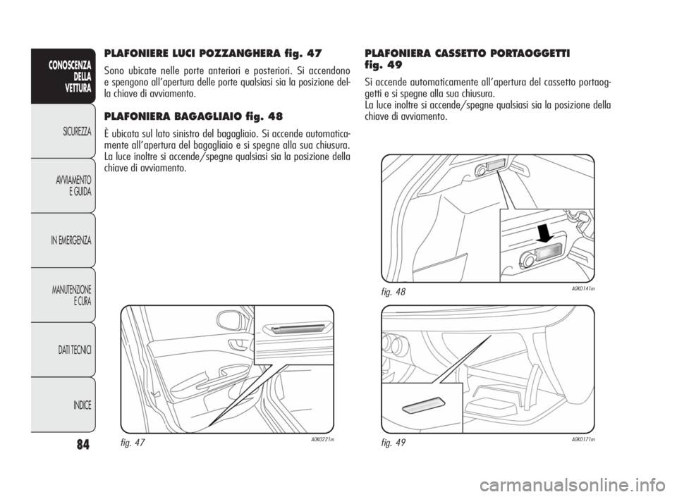 Alfa Romeo Giulietta 2010  Libretto Uso Manutenzione (in Italian) 84
CONOSCENZA
DELLA
VETTURA
SICUREZZA
AVVIAMENTO
E GUIDA
IN EMERGENZA
MANUTENZIONE
ECURA
DATI TECNICI
INDICE
PLAFONIERE LUCI POZZANGHERA fig. 47
Sono ubicate nelle porte anteriori e posteriori. Si acc