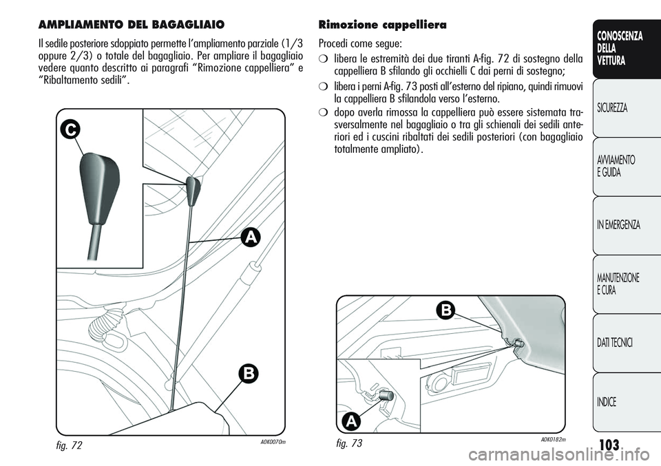Alfa Romeo Giulietta 2012  Libretto Uso Manutenzione (in Italian) 103
CONOSCENZA
DELLA
VETTURA
SICUREZZA
AVVIAMENTO
E GUIDA
IN EMERGENZA
MANUTENZIONE
E CURA
DATI TECNICI
INDICE
fig. 72A0K0070m
AMPLIAMENTO DEL BAGAGLIAIO
Il sedile posteriore sdoppiato permette l’am