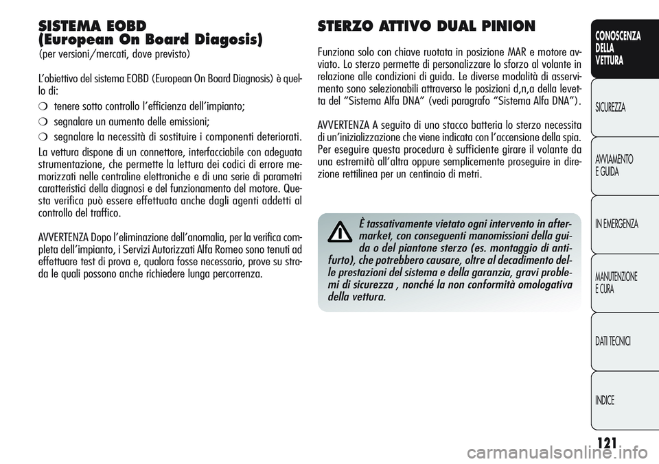 Alfa Romeo Giulietta 2012 Libretto Uso Manutenzione (in Italian) 121
CONOSCENZA
DELLA
VETTURA
SICUREZZA
AVVIAMENTO
E GUIDA
IN EMERGENZA
MANUTENZIONE
E CURA
DATI TECNICI
INDICE
SISTEMA EOBD
(European On Board Diagosis)
(per versioni/mercati, dove previsto)
L’obiet Alfa Romeo Giulietta 2012 Libretto Uso Manutenzione (in Italian) 121
CONOSCENZA
DELLA
VETTURA
SICUREZZA
AVVIAMENTO
E GUIDA
IN EMERGENZA
MANUTENZIONE
E CURA
DATI TECNICI
INDICE
SISTEMA EOBD
(European On Board Diagosis)
(per versioni/mercati, dove previsto)
L’obiet