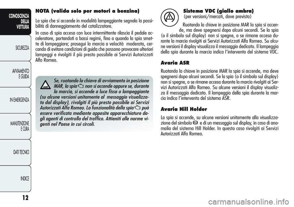 Alfa Romeo Giulietta 2012  Libretto Uso Manutenzione (in Italian) 12
CONOSCENZA
DELLA
VETTURA
SICUREZZA
AVVIAMENTO
E GUIDA
IN EMERGENZA
MANUTENZIONE
E CURA
DATI TECNICI
INDICE
Sistema VDC (giallo ambra)
(per versioni/mercati, dove previsto)
Ruotando la chiave in pos